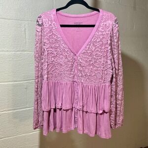 Torrid Babydoll Pink Lace Ruffle Tiered V Neck Button Front Top Plus 2X Blouse